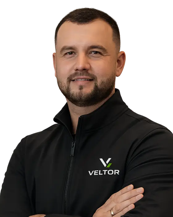 Oleh Karpinskyi, founder of VELTOR, in a black VELTOR jacket